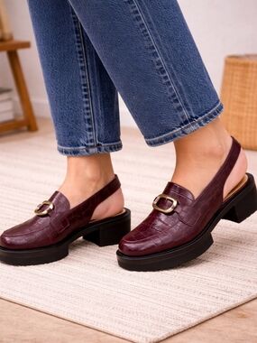FRAME Croc Slingback Loafers Oxblood Chunky Platform Gold Buckle 6.5